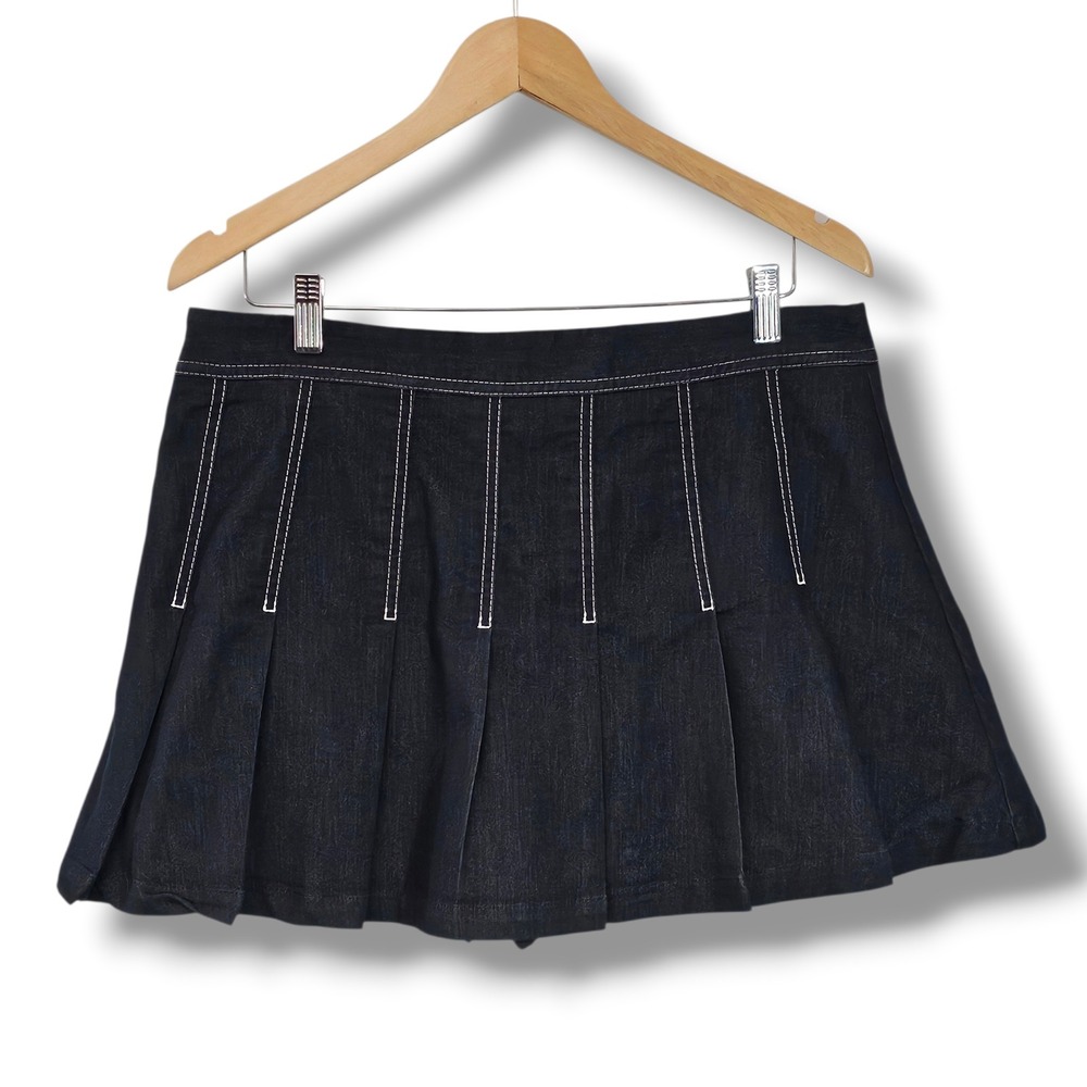 Zara Micro Mini Skirt Skort XL Dark Blue Pleated Denim Tennis Preppy Pleated Y2K